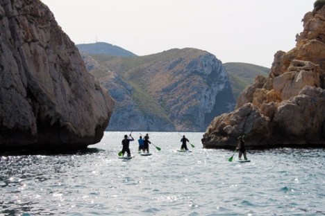 a group of people paddling on a body of water