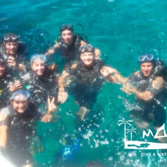 a group of people swimming in the water